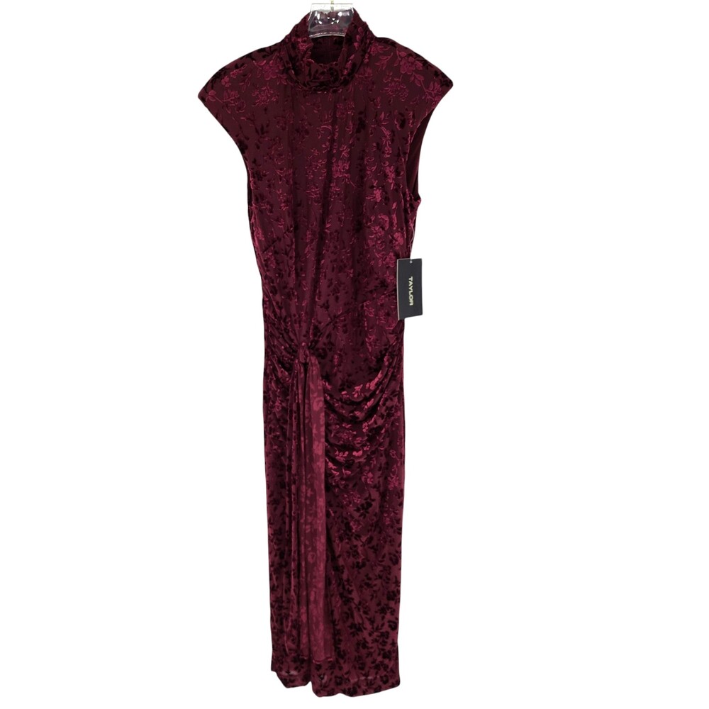 Taylor NWT Taylor Size 2 Claret Burnout Velvet Mock Neck Front Knot Midi Dress